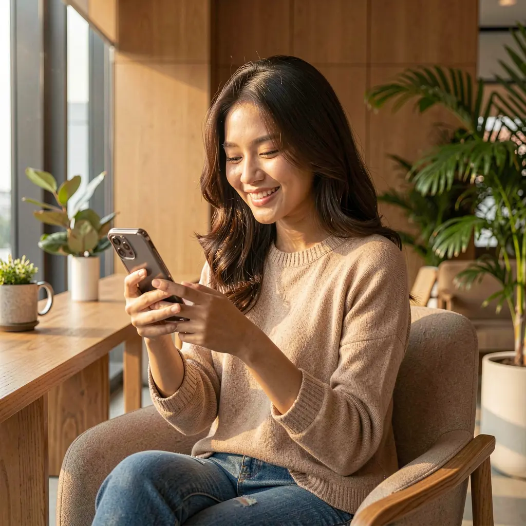 Stylish Malaysian woman sitting by a window and enjoying the RA888 mobile casino app on her smartphone in a bright modern setting
