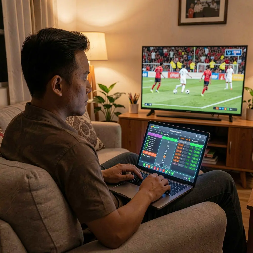 Malaysian sports betting enthusiast using the RA888 platform on a laptop while watching a live soccer match on TV in a cozy evening setting