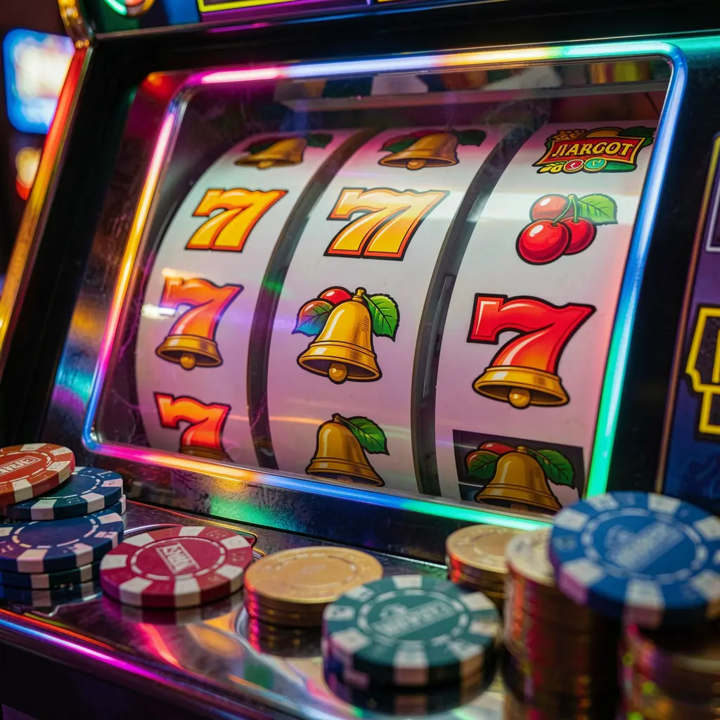 Stylish casino slot machine with golden details and glowing lights surrounded by chips representing the premium gaming atmosphere of RA888 casino in Malaysia